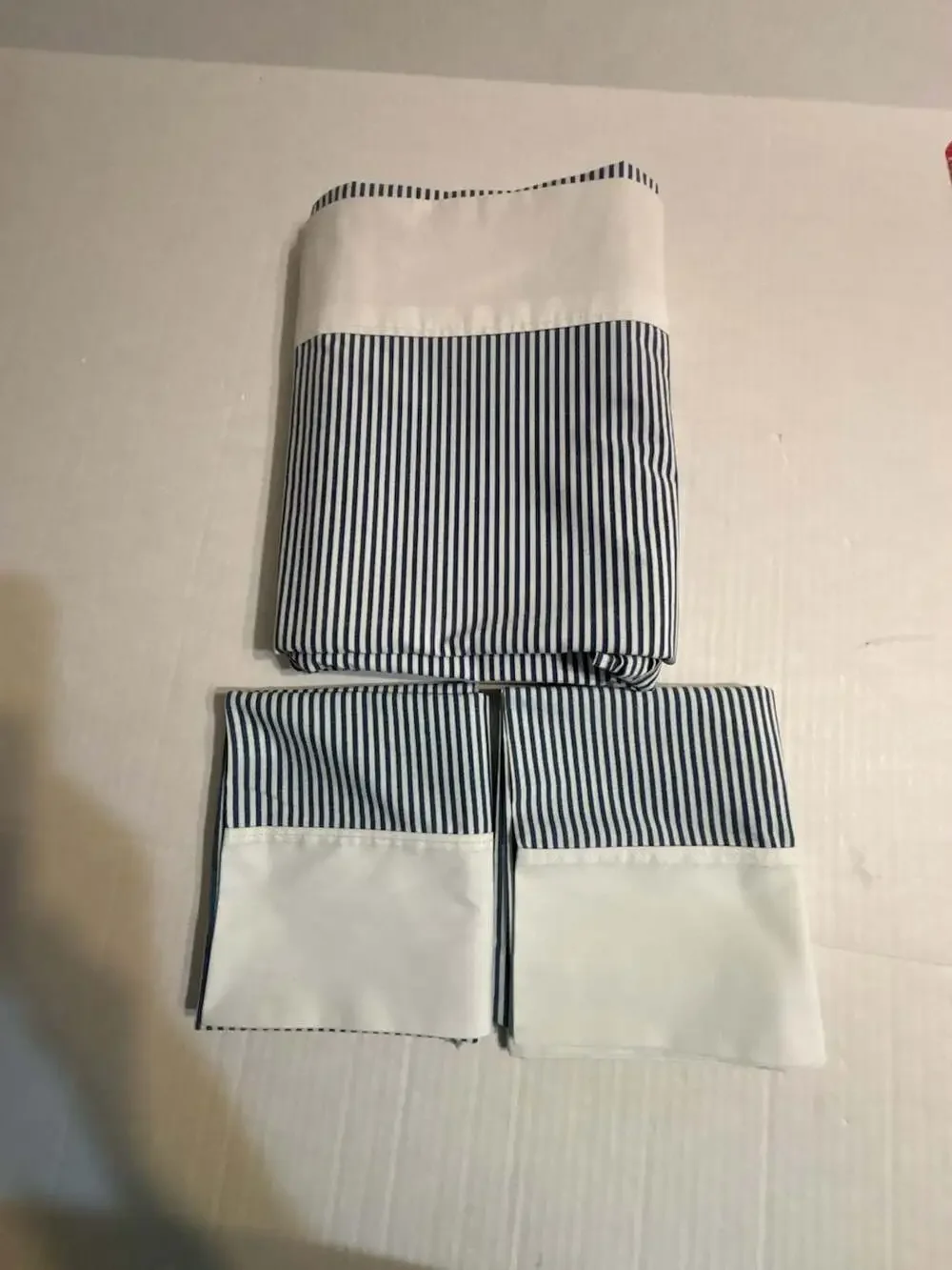 Thermalogic Navy Ticking Stripe flat sheet full size with matching pillow cases.